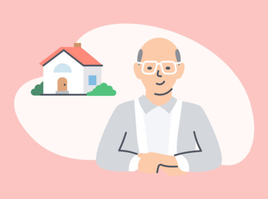 Animated picture of a person in front of house.
