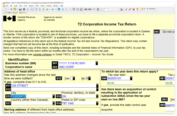 T2 corporation income tax return, with yellow background. Shows fields for identification business number, corporation name, address, and tax years applicable